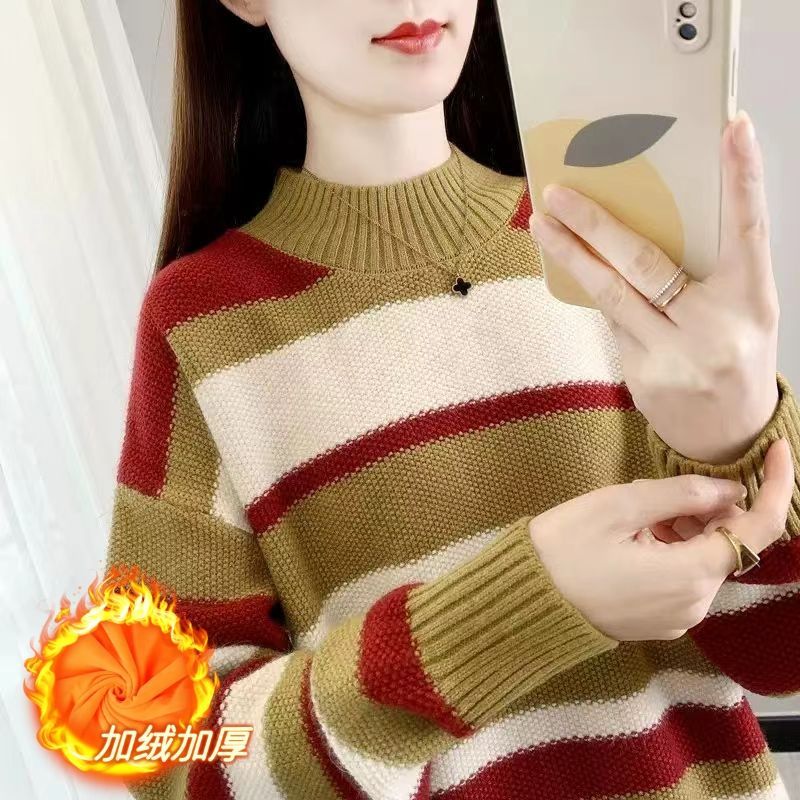 Basic Striped Sweater Women Mock Neck Top 2022 Autumn Winter Pullover Simple Casual Bottoming Knitted Shirts Velvet Warm Jumper alx