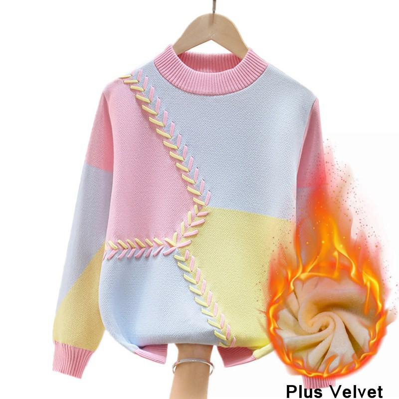 Warm Sweater For Girls Autumn Winter Kids Knitted Pullover Inner Fleece For Children’s 4 6 8 10 12 14 15 Years Wear LC329 alx