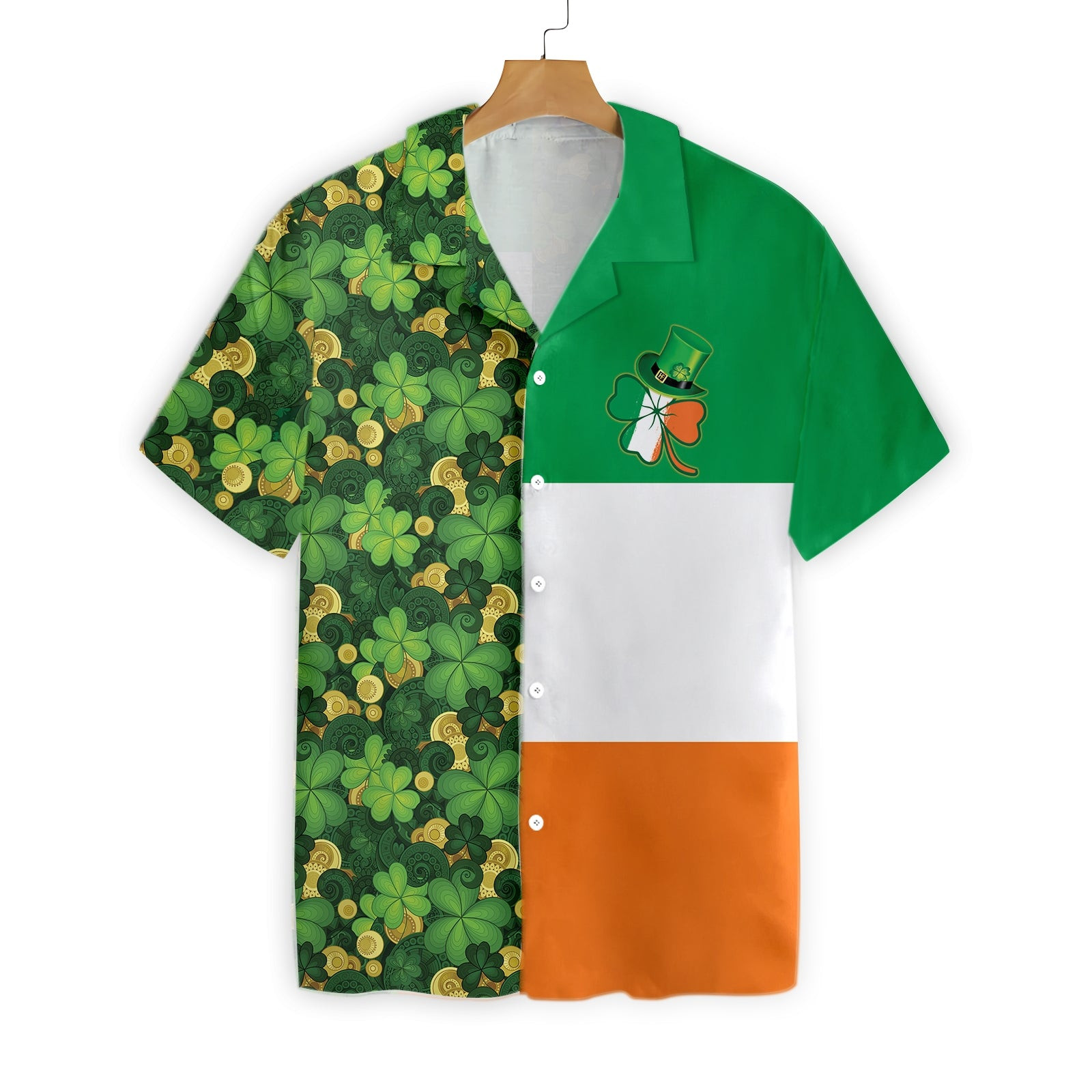 Gold Coins Shamrock Saint Day Irish Ireland Flag Hawaii Button Up Shirt For Men Ha64306