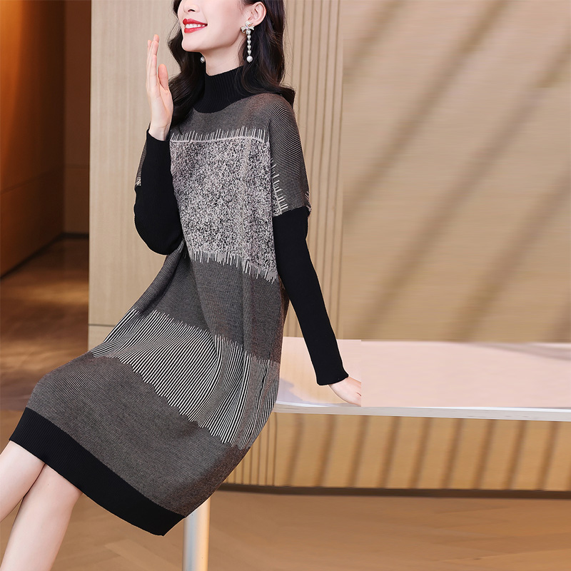 2022 Knitted Cotton Striped Midi Dress Women Long Turtleneck Chic Sweater Dress Autumn Thick Warm Elegant Bodycon Party Vestidos alx