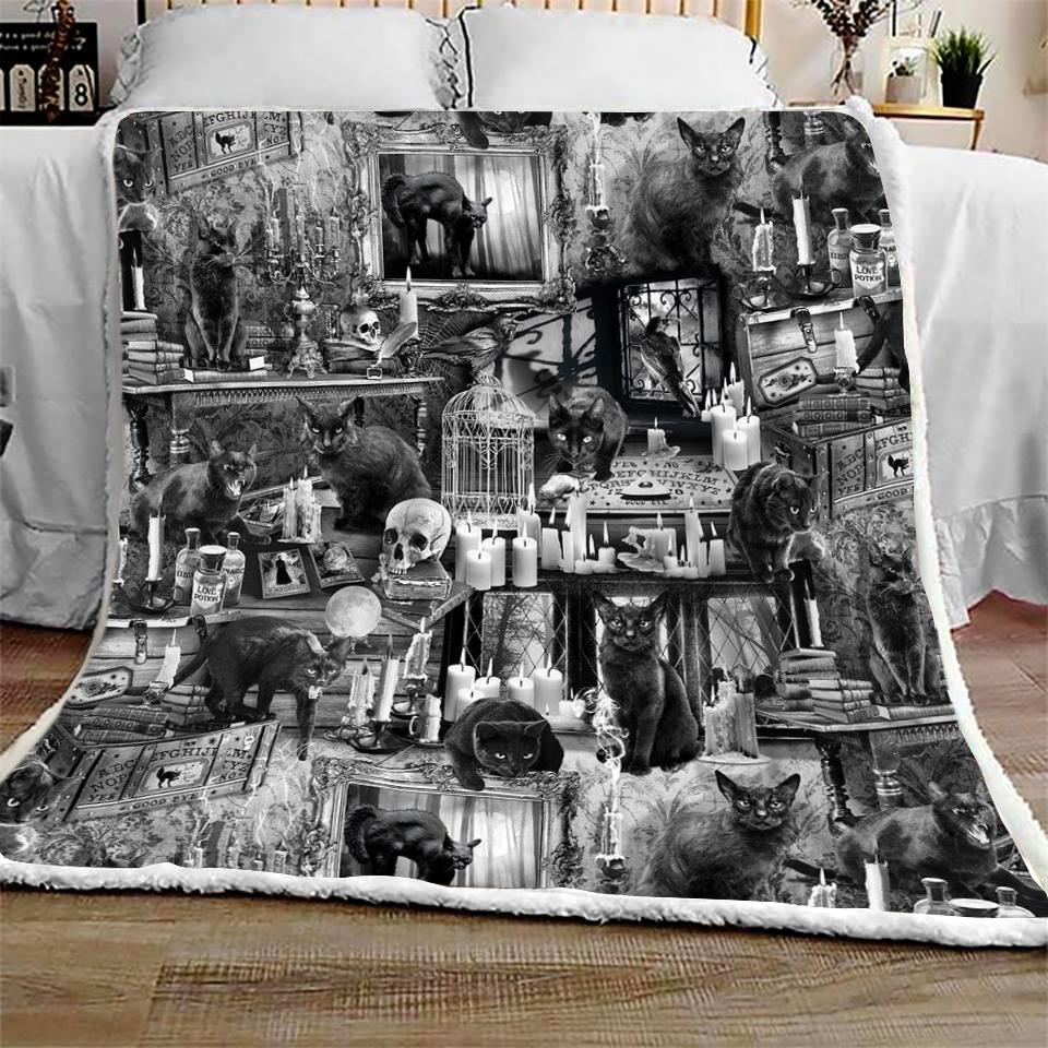 Wicked Black Cats In Haunted Houses Halloween Sofa Fleece Throw Blanket | Halloween Gifts