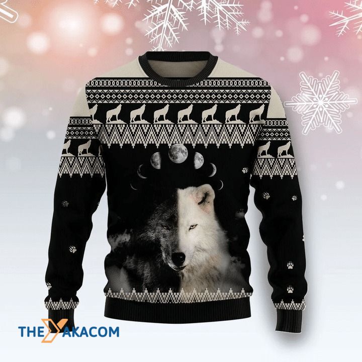 A Half Black Wolf And Half White Wolf Under Moon Gift For Christmas Ugly Christmas Sweater