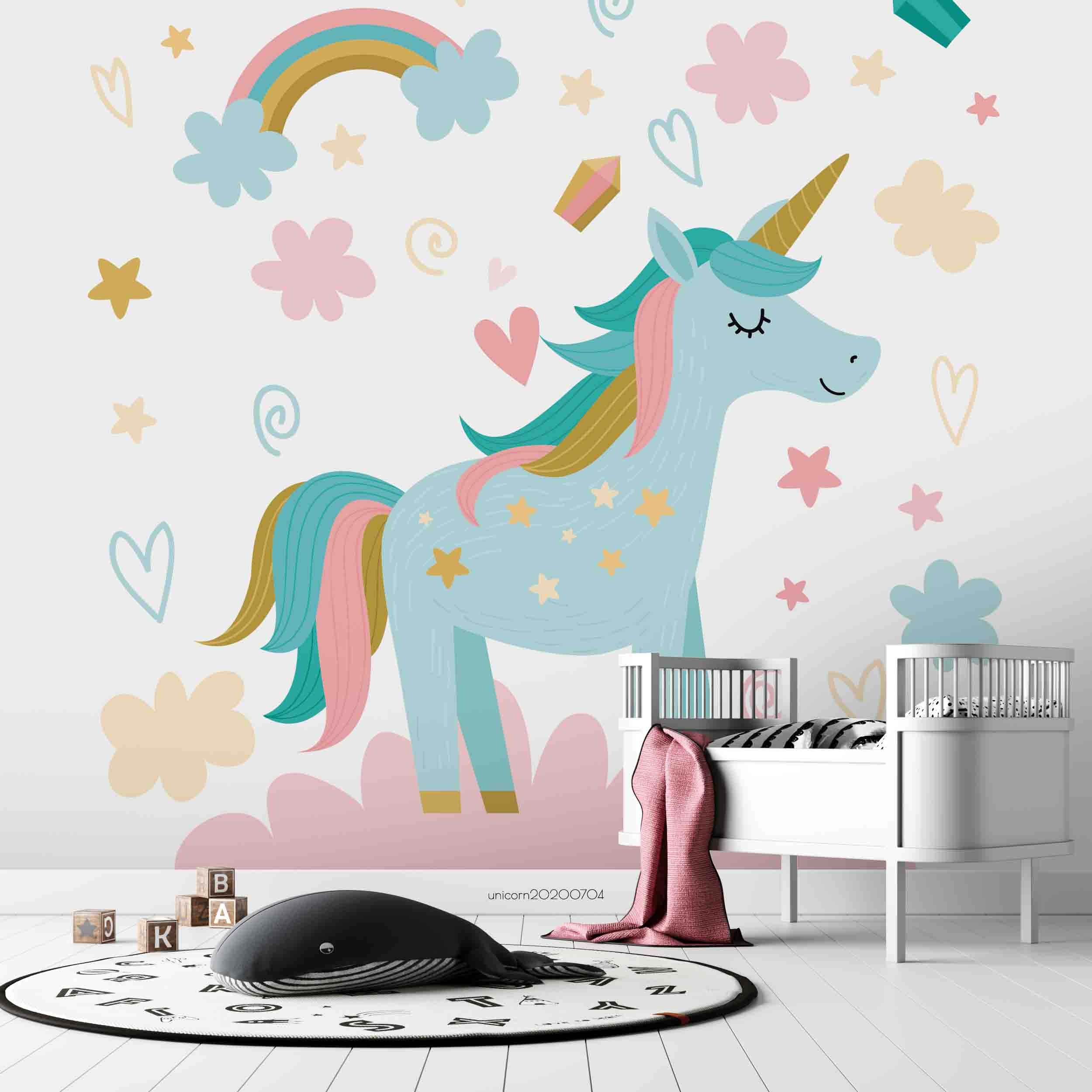 3D Cartoon Blue Unicorn Floral Rainbow Wall Mural Wallpaper Lxl 221