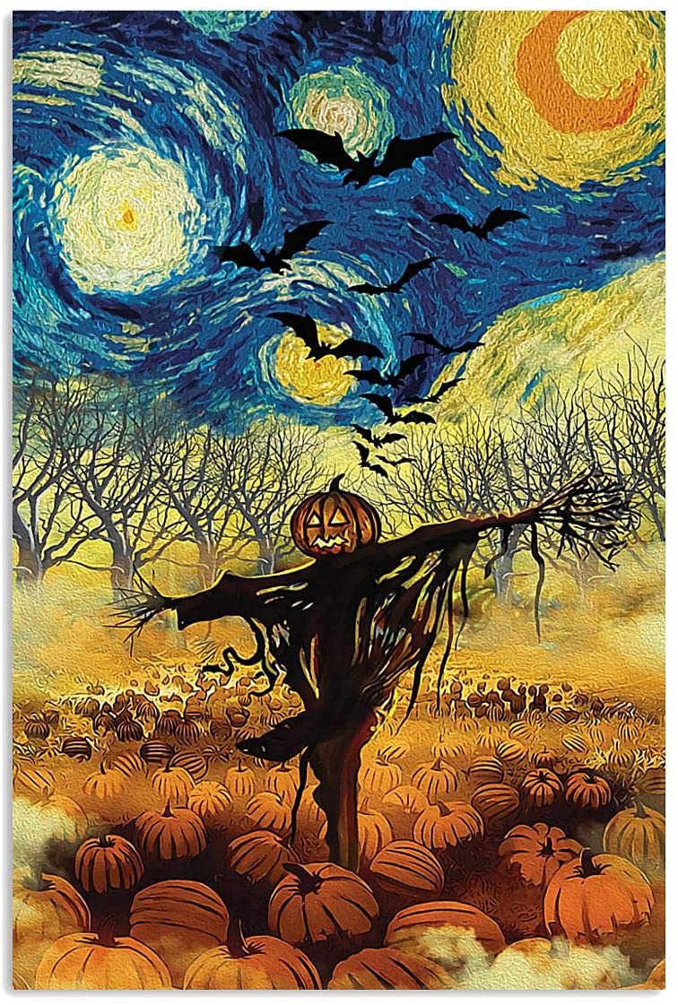 Starry Night With Scarecrow Pumpkins Field Halloween Theme Canvas And Poster, Canvas Prints, My Poster Wall, Canvas Wall Art, Wall Decor Visual Art, Halloween Gift, Happy Halloween