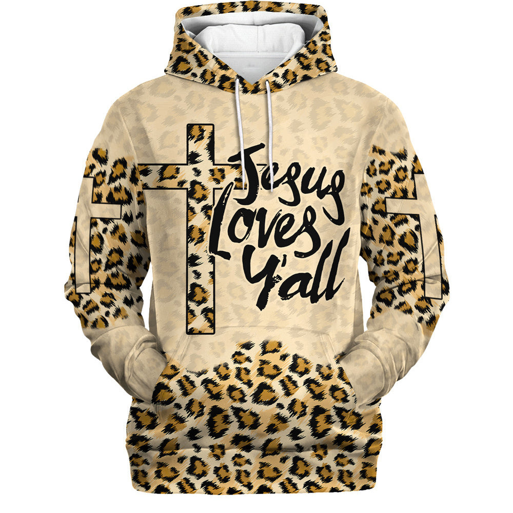 Jesus Loves Yall Cross Leopard Skin Pattern Hoodies Jesus Hoodie Men & Women Christian Hoodie 3D Printed Hoodie