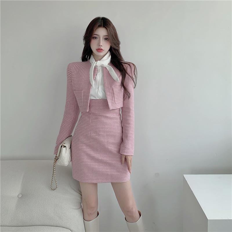 Temperament Fashion O Neck Long Sleeve Cardigan Short Jacket Slim High Waist Mini Pink Plaid Skirts Dress Matching Sets Sweet alx