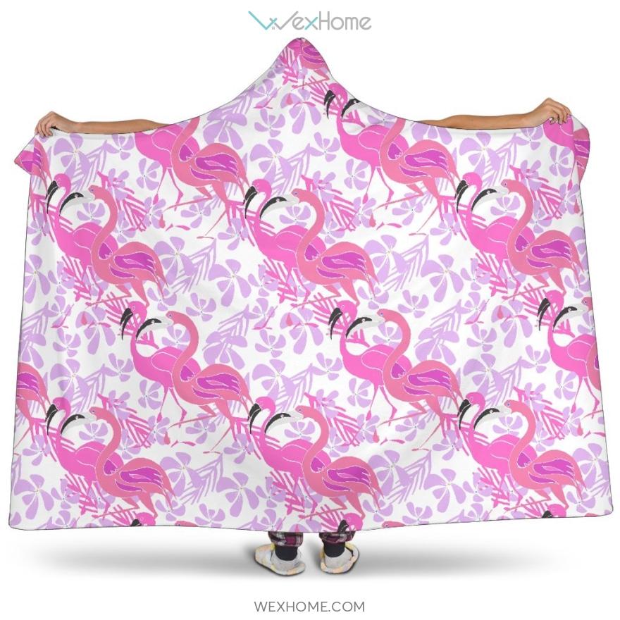 Pink Flamingo Flower Pattern Hooded Blanket