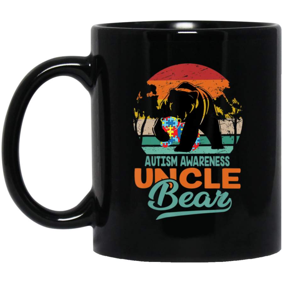 Vintage Autism Awareness Uncle Bear Love Family Gifts 11oz 15oz Black Mug Idea 2nd April Puzzle Ribbon Support Autism Dad Mom Kids Autistic