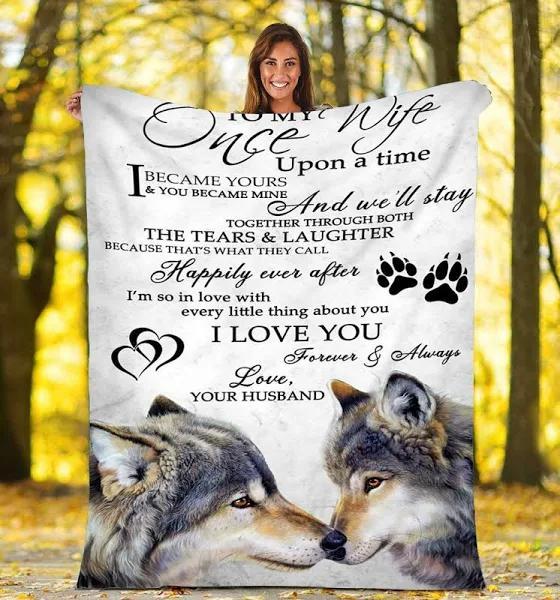 To My Wife Happily Ever After Wolf Anniversary Fleece Blanket Gift For Wife From Husband Home Decor Bedding Couch Sofa Soft And Comfy Cozy