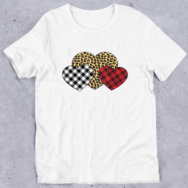 Three Hearts Leopard Buffalo Plaid Valentine’S Day Girl Kid T-Shirt – Gst