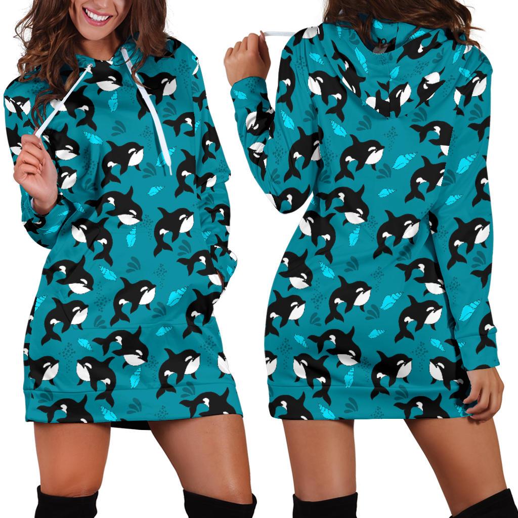 Whale Sea Design Themed Print Women Hoodie Dress