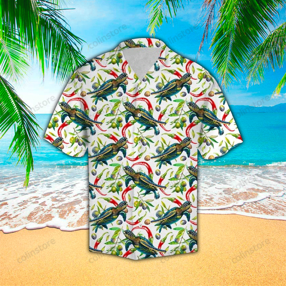 Hot Chili Peppers And Turtle Tropical Polyester Hawaii Shirt Aloha Ha98583