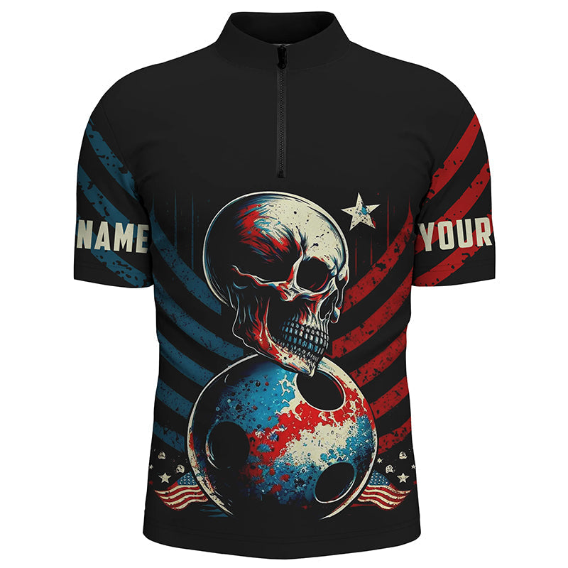 Customize Vintage American Flag Skull Bowling Shirts For Men, Men’S Quarter Zip Shirts Bowling Team