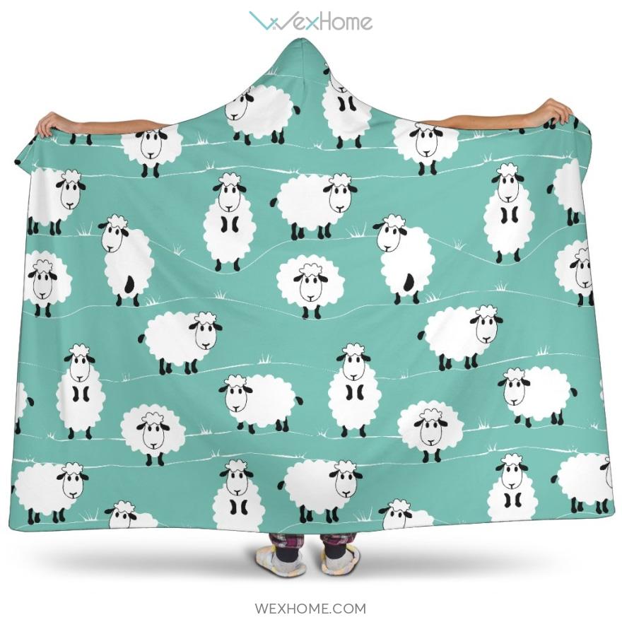 Cute Sheep Green Background Hooded Blanket