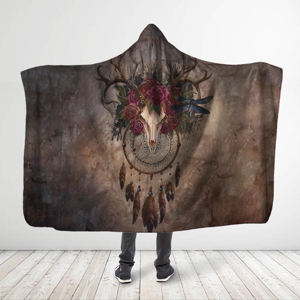 Native American-  Native Buffalo 3D All Over Printed Beautiful Roses Buffalo Skull With Dreamcatcher – Hooded Blanket