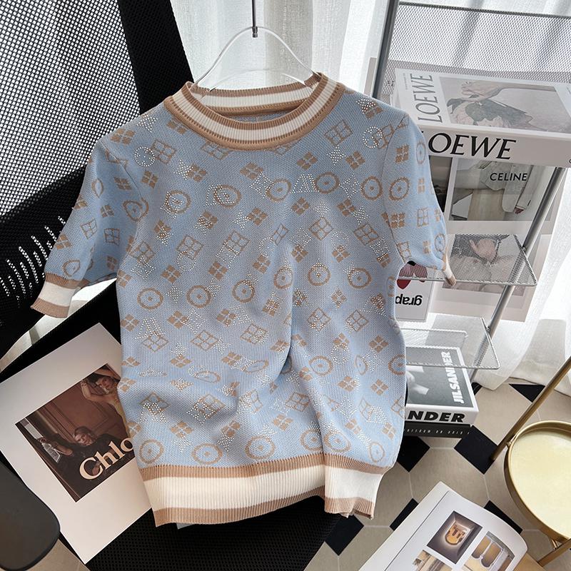 Summer Rhinestones Jacquard Knit Sweater Tees Women Pullover Tops Short Sleeve Round Neck Fashion Ladies Chic Female Knitwear alx