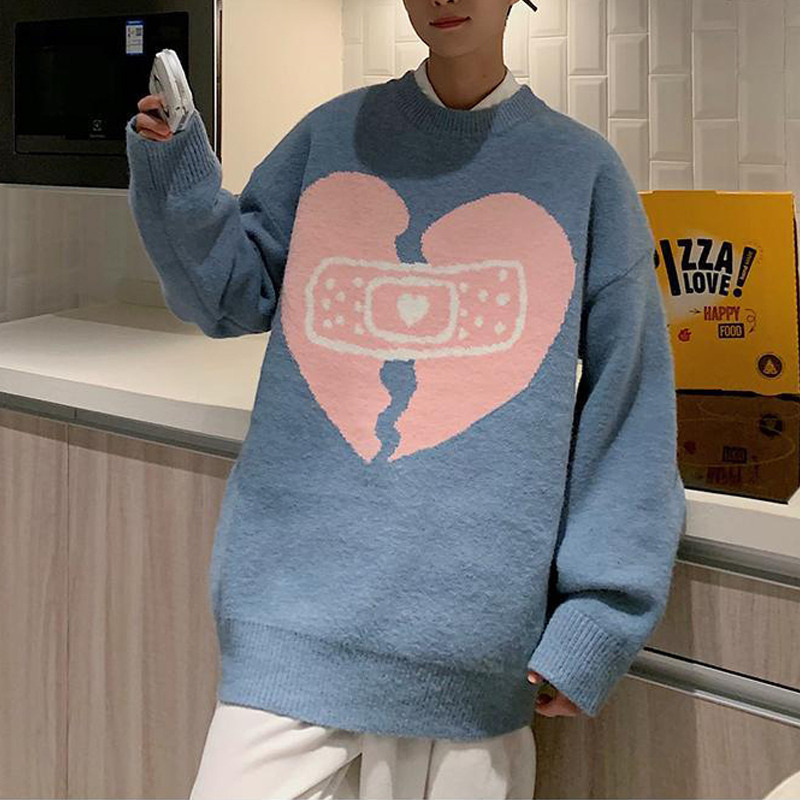 Unisex Couples Korean Fashion Love Jacquard Oversized Streetwear Knitted Sweaters Autumn Winter Loose Long Sleeve Pullovers Tops alx