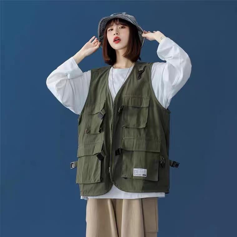 Women Vests Multi-pockets Hip Pop Couple College Loose Zipper Jackets Sleeveless Harajuku Retro BF Style Cargo Vest Casual Coats alx