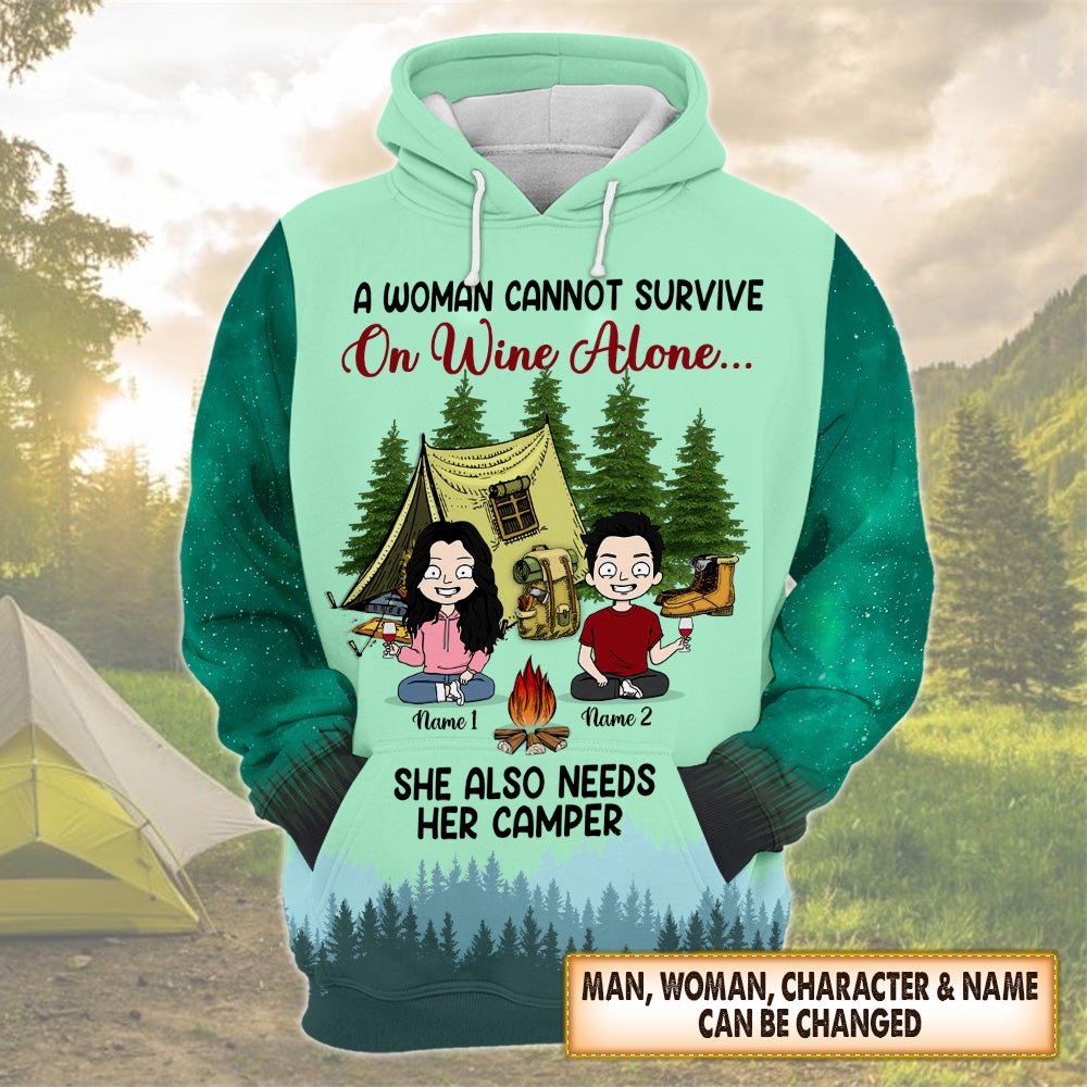 Personalized Couple Camping 3D Shirt A Woman Cannot Survive On Wine Alone Husband And Wife Camping 3D All Over Print Shirt Hoodie Zip Hoodie Hn98