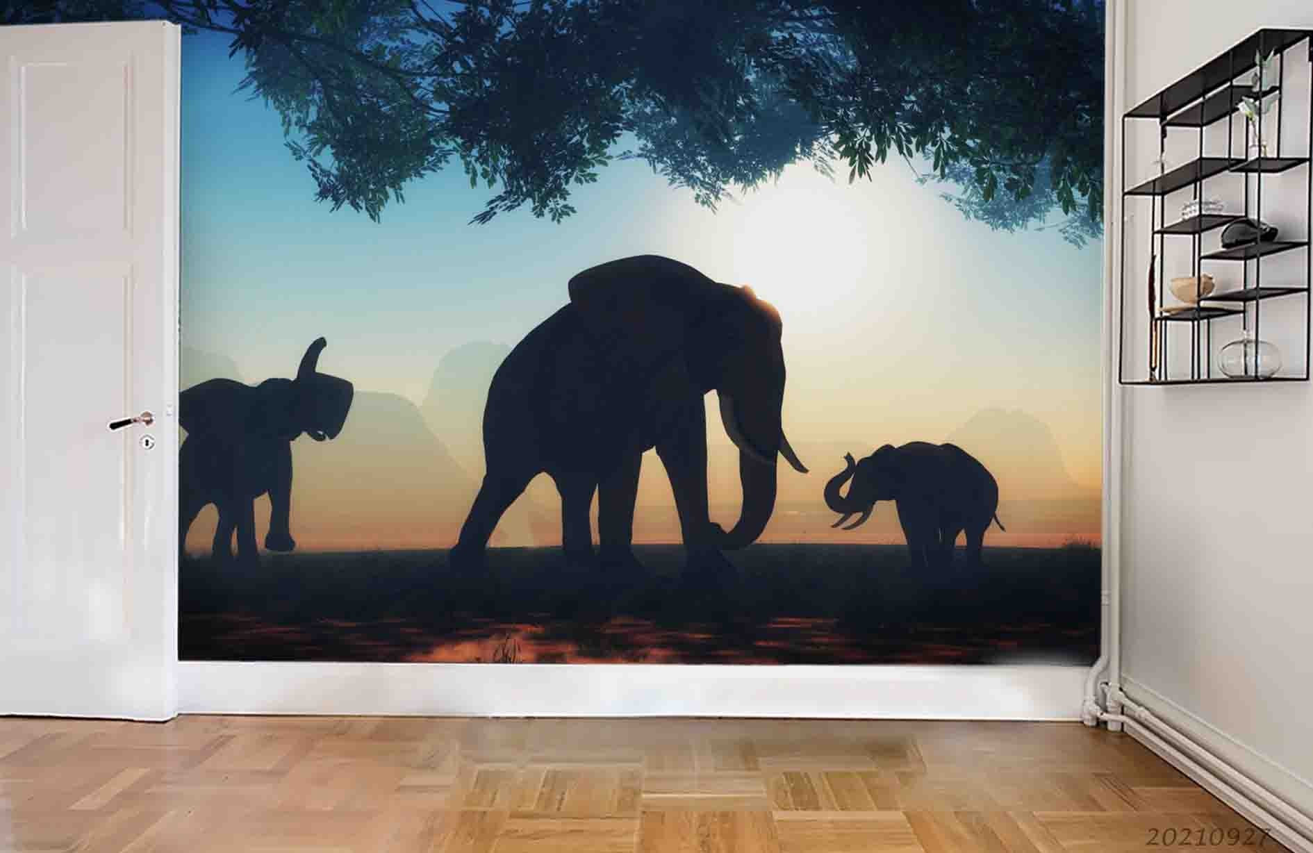 3D Elephant Sunset Sky Tree Animal Wall Mural Wallpaper Lqh 269