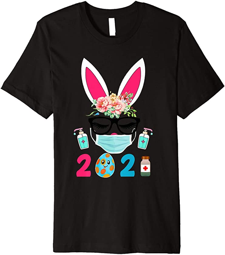 Rabbit With Face Mask Quarantine Egg Hunt Easter Day 2021 Premium T-Shirt