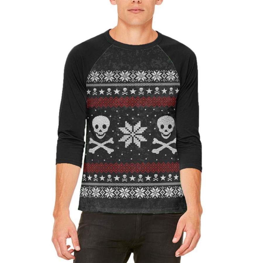 Ugly Christmas Sweater Pirate Skull and Crossbones Mens Raglan T Shirt