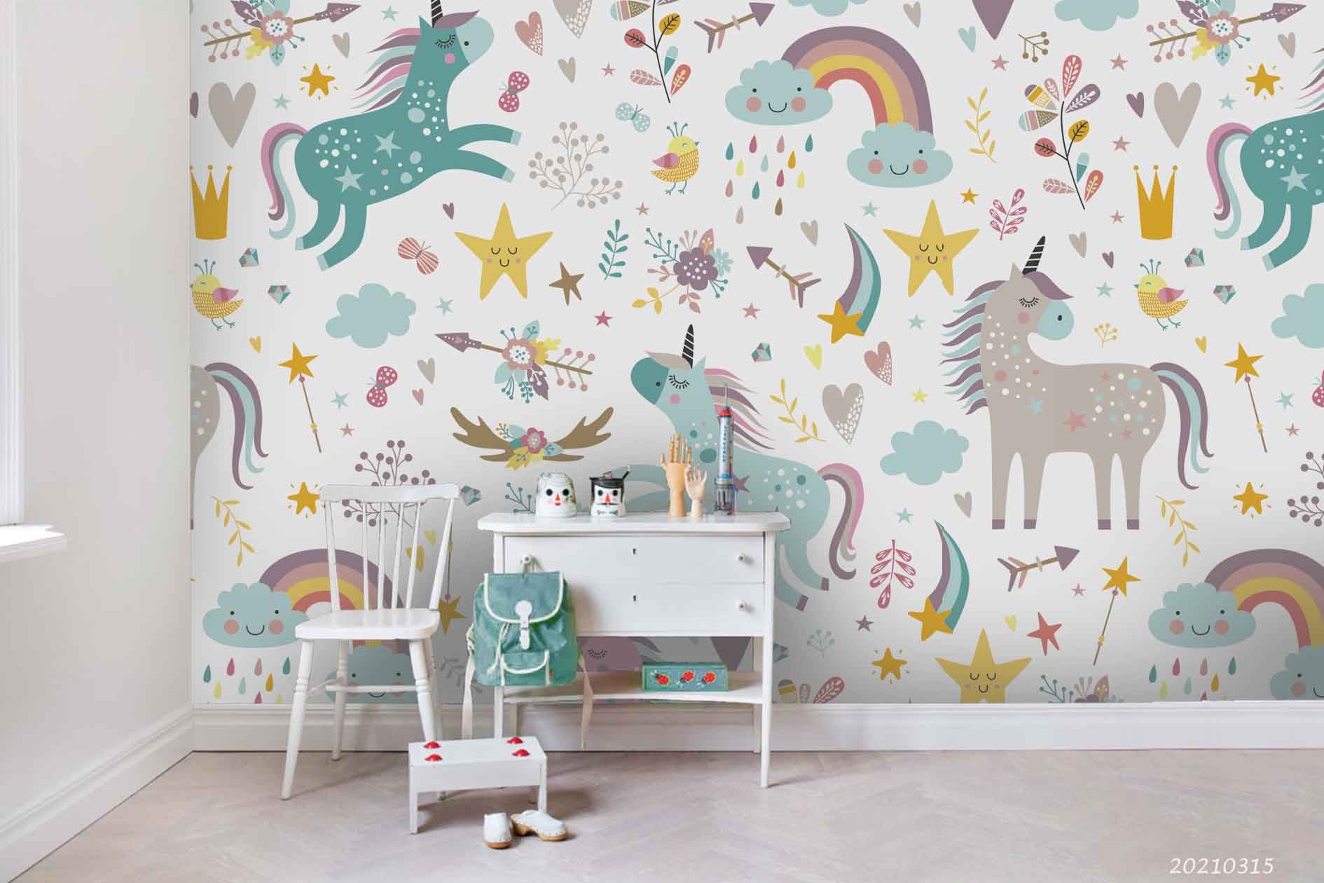 3D Cartoon Animal Unicorn Rainbow Star Wall Mural Wallpaper Lqh 354