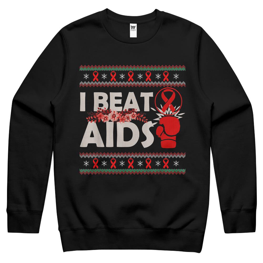 I Beat Aids Awareness Day Red Ribbon Ugly Christmas Sweater Crewneck Sweatshirt