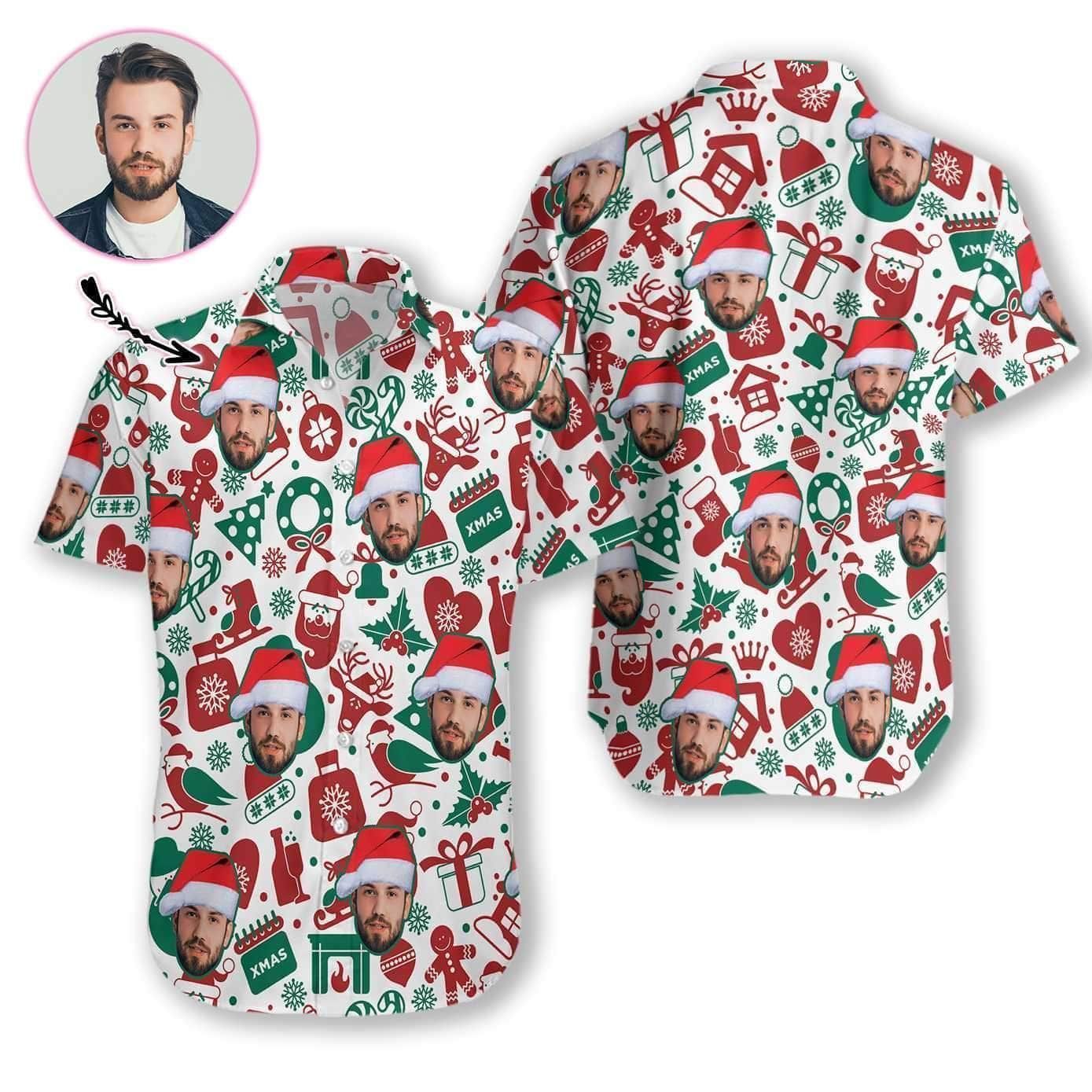 Beach Shirt Get Here Customized Face Christmas Pattern Hawaiian Aloha Shirts L