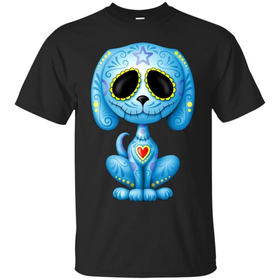 DAY OF THE DEAD – Blue Zombie Sugar Skull Puppy Dog T Shirt & Hoodie