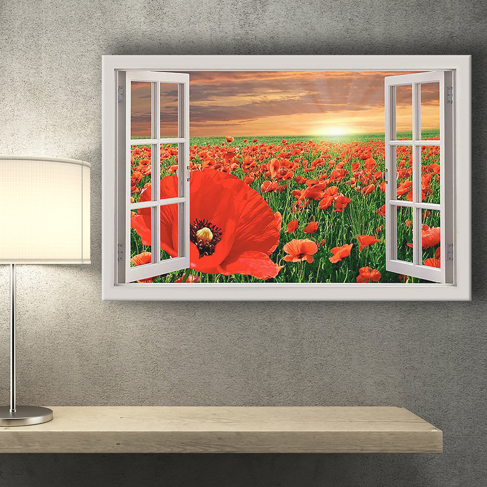 Red Poppy Field 3D Window Bay View Canvas Print – Canvas Painting, Canvas Art, Wall Art, Wall Decor