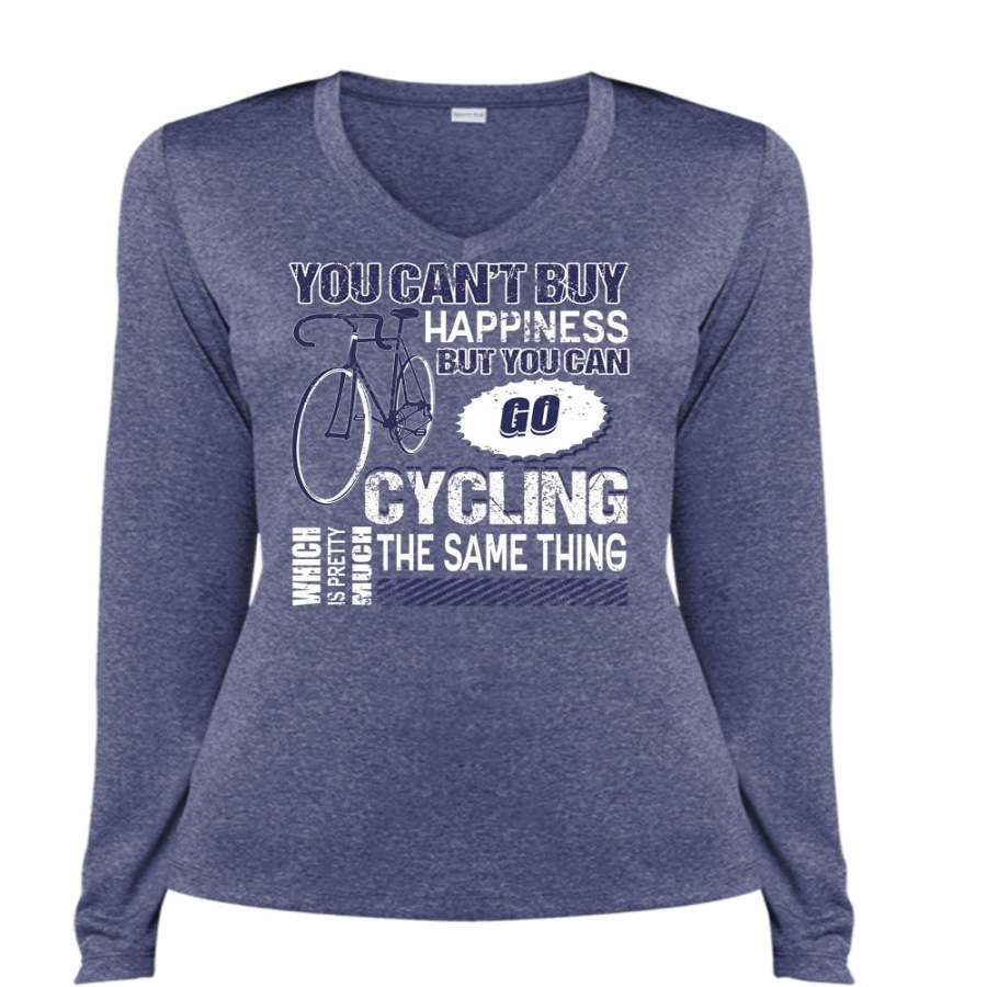 You Can Go Cycling T Shirt, You Can’t Buy Happiness T Shirt, Cool Shirt (Ladies LS Heather V-Neck)