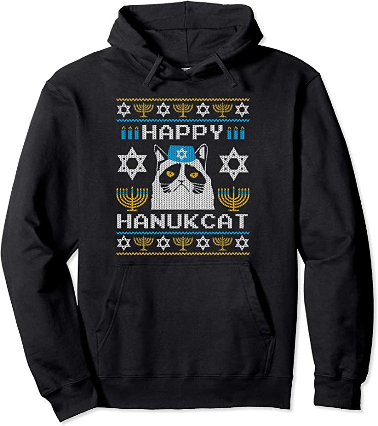 Ugly Christmas Jewish Hanukkah Chanukah Hanukcat Pullover Hoodie