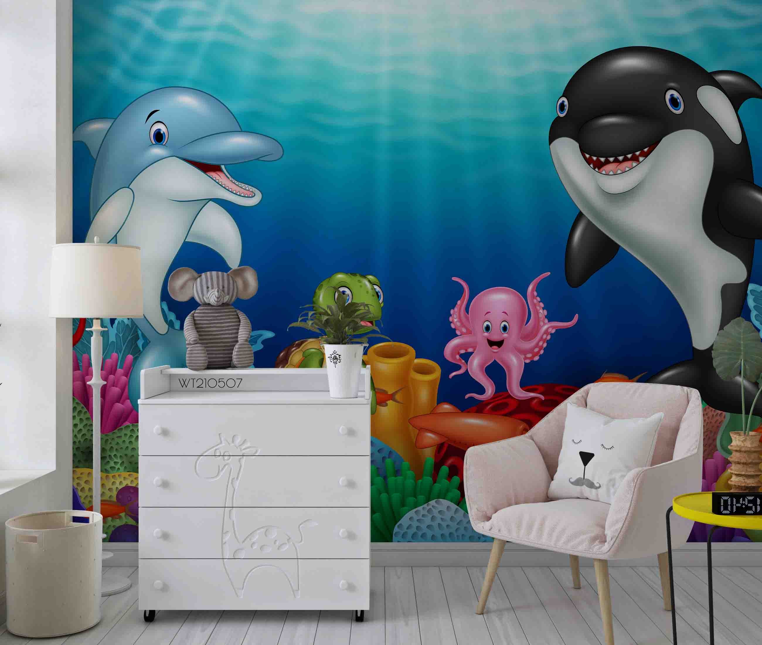 3D Cartoon Underwater World Dolphin Wall Mural Wallpaper Lqh 128