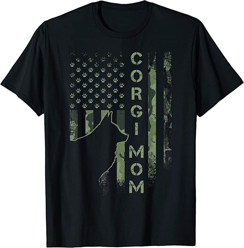 Vintage USA American Camo Flag Proud Corgi Mom Silhouette T-Shirt