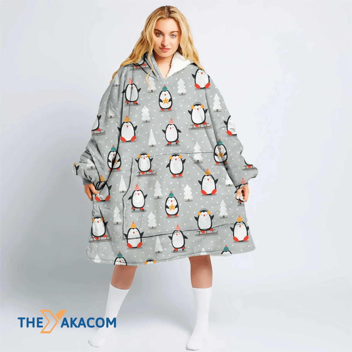 Christmas Winter Little Penguins And White Tree Hoodie Blanket