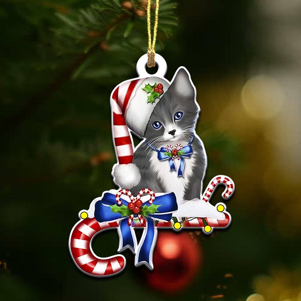 Cat Adorable Sitting On Christmas Candy – 2 Sided Ornament