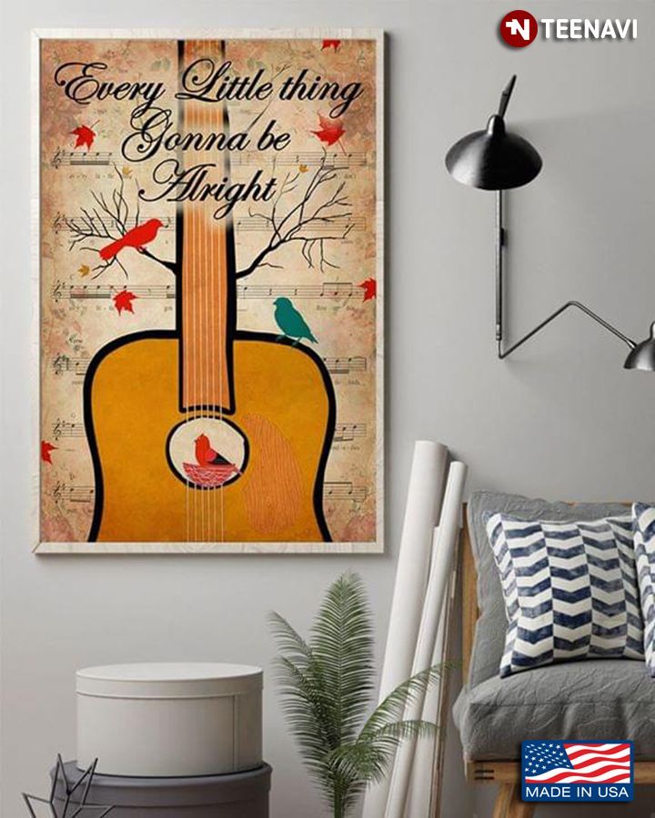 vintage sheet music theme birds & guitar every little thing gonna be alright poster canvas poster canvas