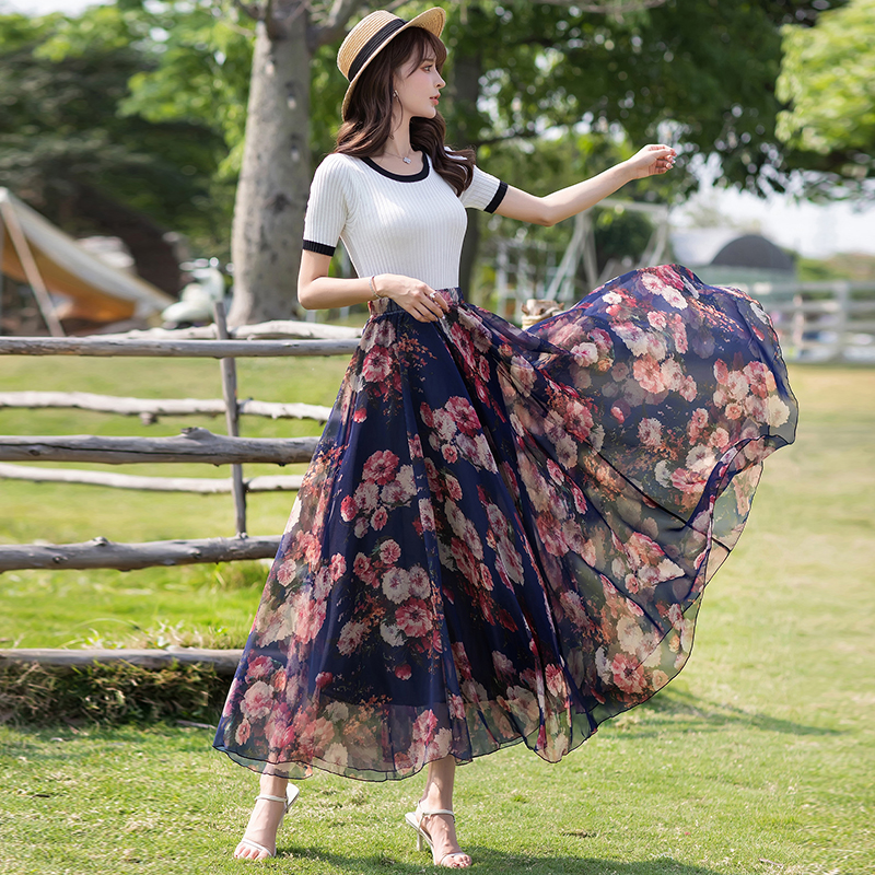 TingYiLi Floral Chiffon Long Maxi Skirts Womens Summer Holiday Bohemian Beach Skirt Korean Style High Waist Elegant Swing Skirt alx