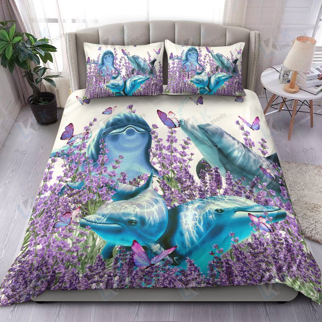 DOLPHIN Bedding Set Purple Flower 2 [ID3-K] | Duvet cover, 2 Pillow Shams, Comfortable, Pet Lovers