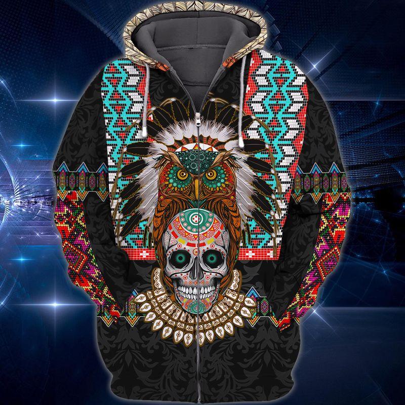 Owl Skull Indian Native American Vinatge Shirts 3D Zipper Hoodie