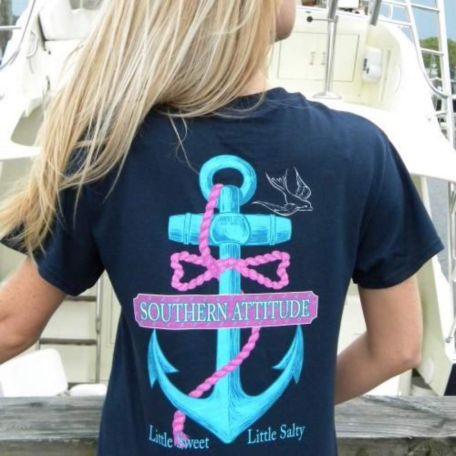 Country Life Outfitters Southern Attitude Anchor Bow Navy Vintage Girlie Bright T Shirt