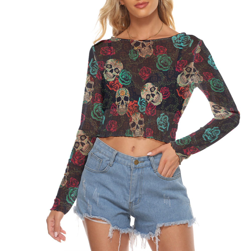 Roses Sugar Skull Mesh Long Sleeves Crop Top Donuink Store
