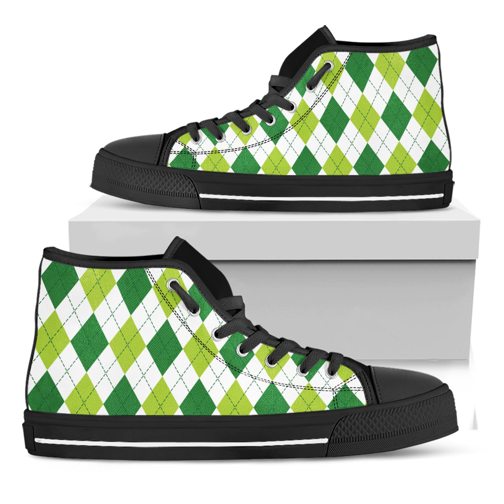 White And Green Argyle Pattern Print Black High Top Shoes