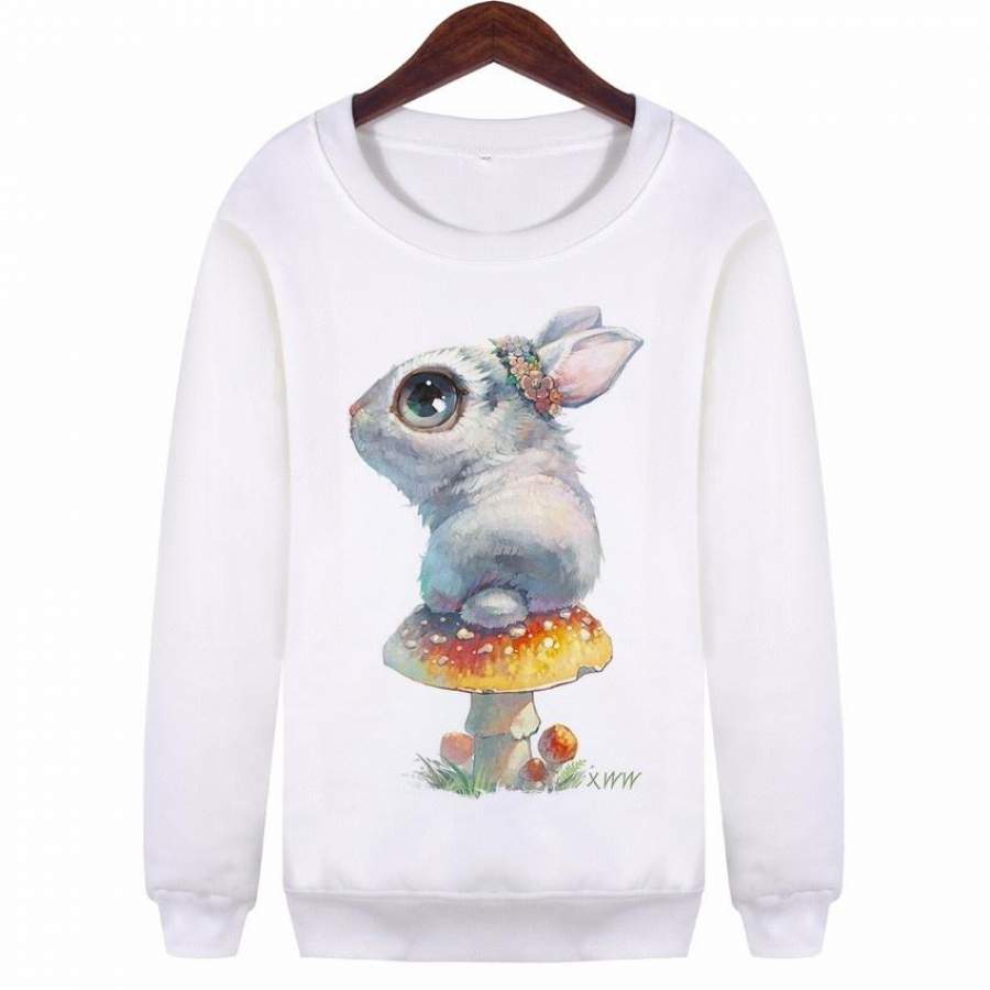 New White Long Sleeve Sweatshirts Casual Female Cute Rabbit Print Sweatshirt Large Size Tracksuits Hoodies Harajuku