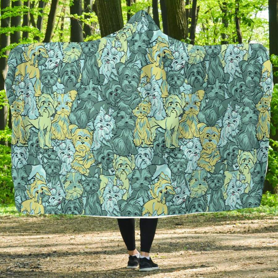 Puppy Yorkshire Terrier Dog Pattern Print Hooded Blanket