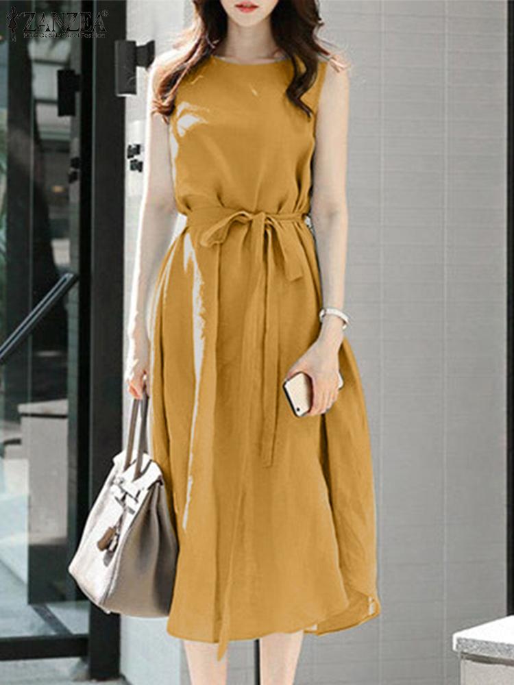 2022 ZANZEA Stylish Summer Women Sundress Casual O Neck Sleeveless A-line Dress Beach Holiday Vestido Cotton Sarafans Robe Femme alx