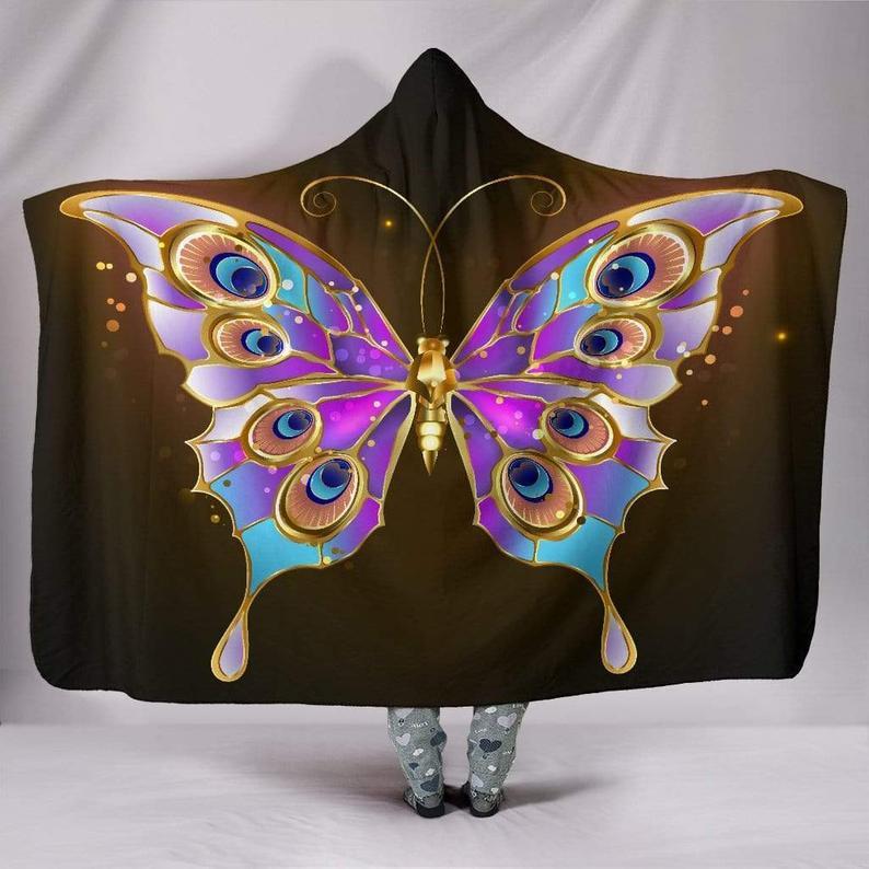 ViticStore™ Gold Pink Butterfly All Over Printed Hooded Blanket For Women and Butterfly, Insect Lovers