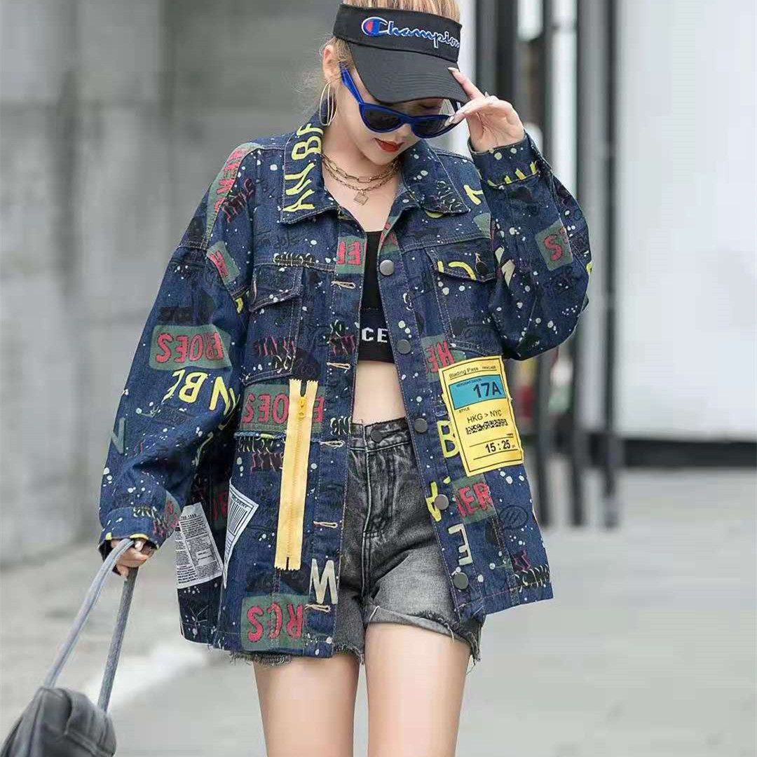 BF Design Patchwork Jeans Coat Women Full Sleeve Autumn Denim Jacket Casual Loose Cardigan alx