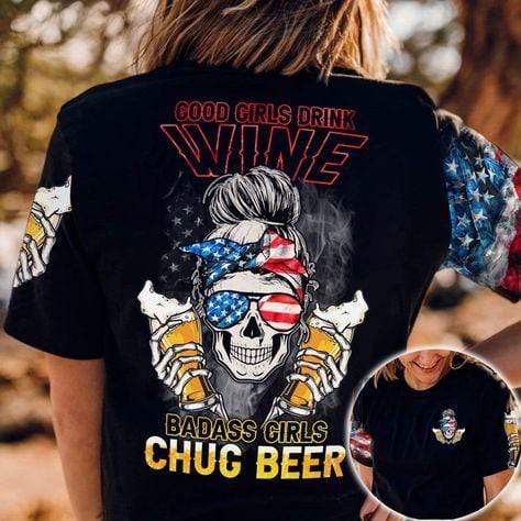 Skull Badass Girls Chuc Beer Aop Unisex T-Shirt